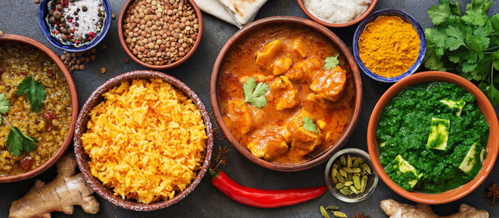 A tablescape of colorful Ayurvedic meal